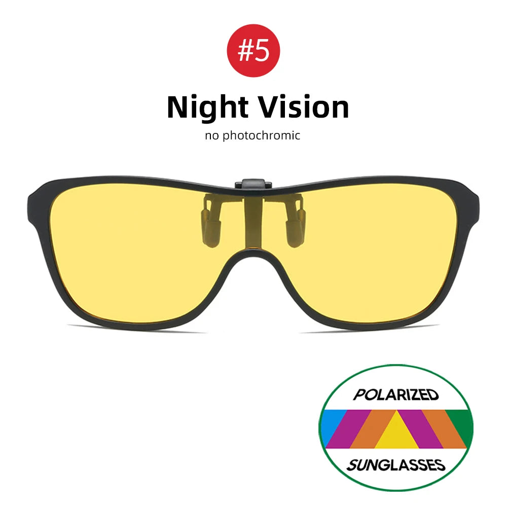 2024 Trending Clip On Sunglasses Large Frame Men Polarized Flip Up Sun Glasses Driving Adapt  Mirror Blue Red Polarising Lens