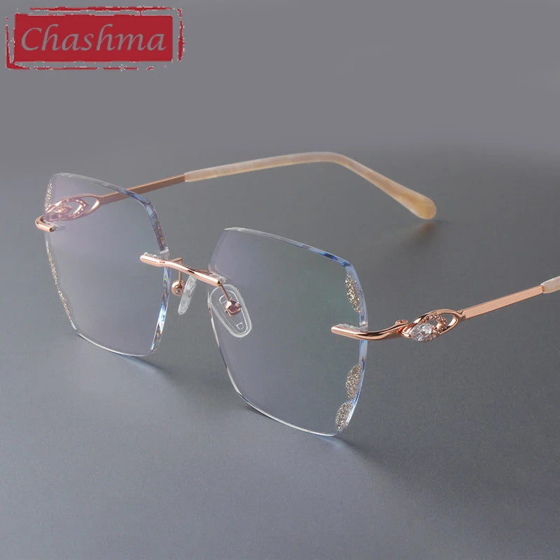 Chashma Square Female Eye Glasses Titanium Gray Red Lens Diamond Trimmed Rimless Spectacle Frames Women Sunglasses Tint Lenses