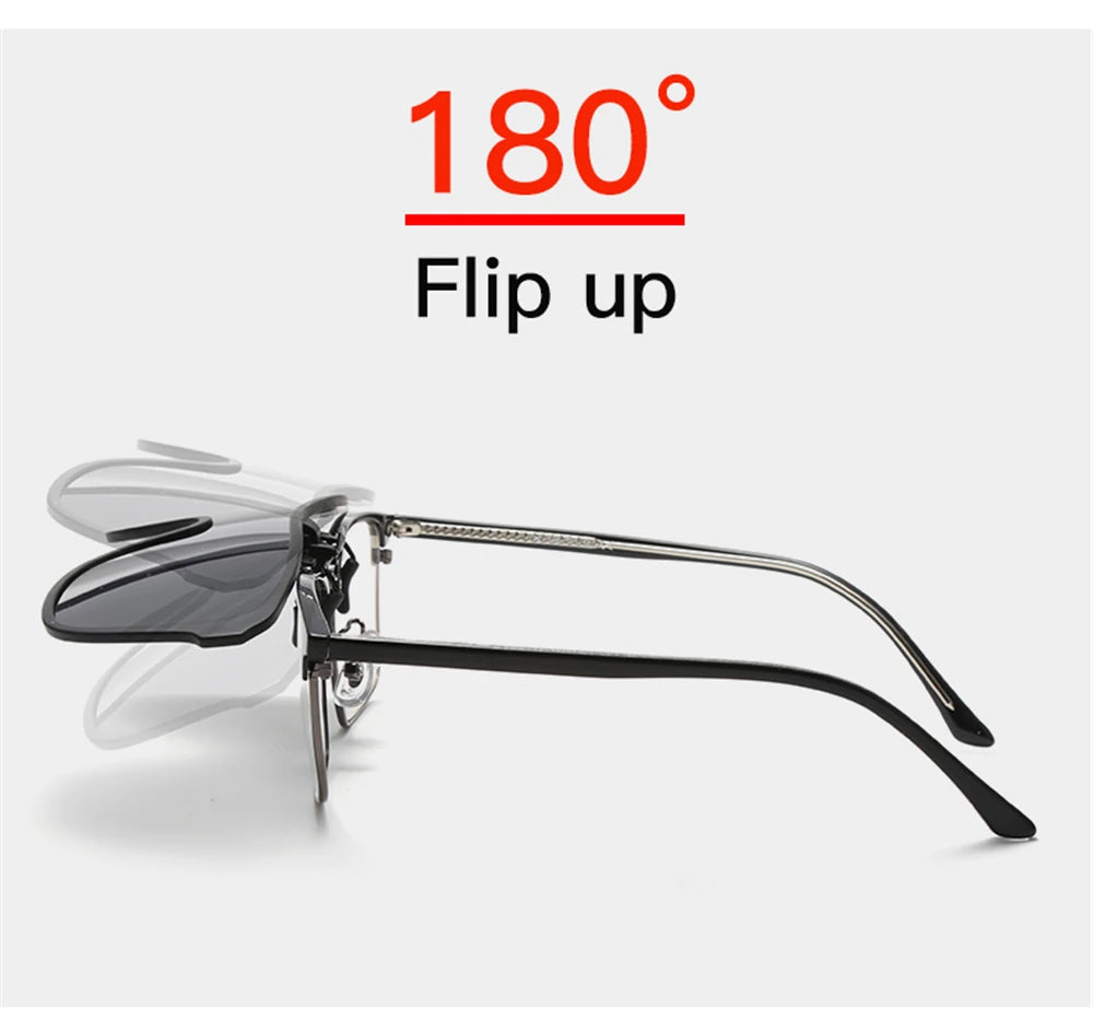 2024 Trending Clip On Sunglasses Large Frame Men Polarized Flip Up Sun Glasses Driving Adapt  Mirror Blue Red Polarising Lens