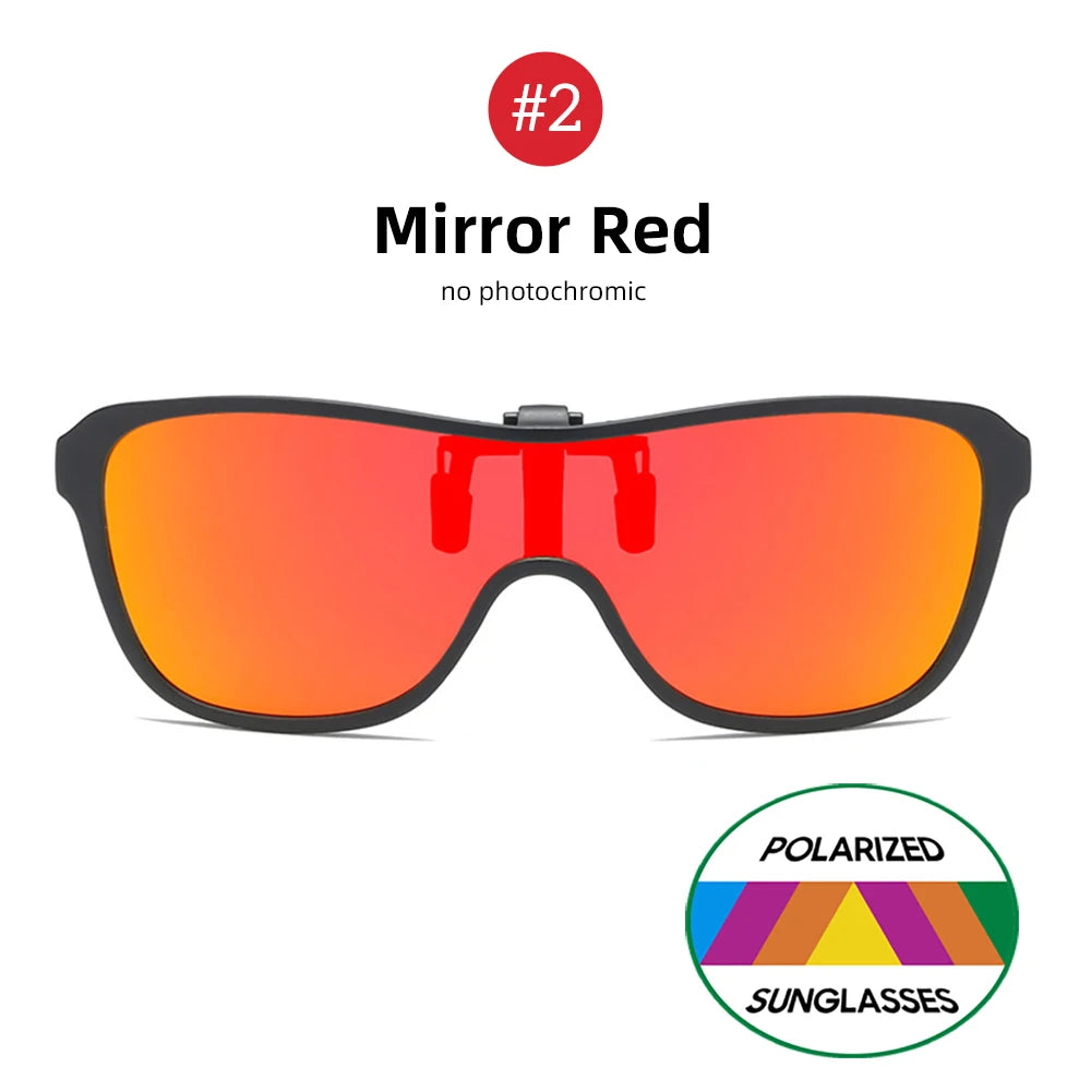 2024 Trending Clip On Sunglasses Large Frame Men Polarized Flip Up Sun Glasses Driving Adapt  Mirror Blue Red Polarising Lens