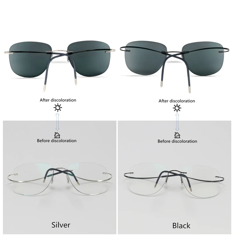 β-Titanium Transition Aviation Sunglasses Photochromic Reading Glasses Rimless Eyeglasses Men with Diopters