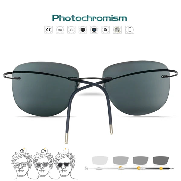 β-Titanium Transition Aviation Sunglasses Photochromic Reading Glasses Rimless Eyeglasses Men with Diopters