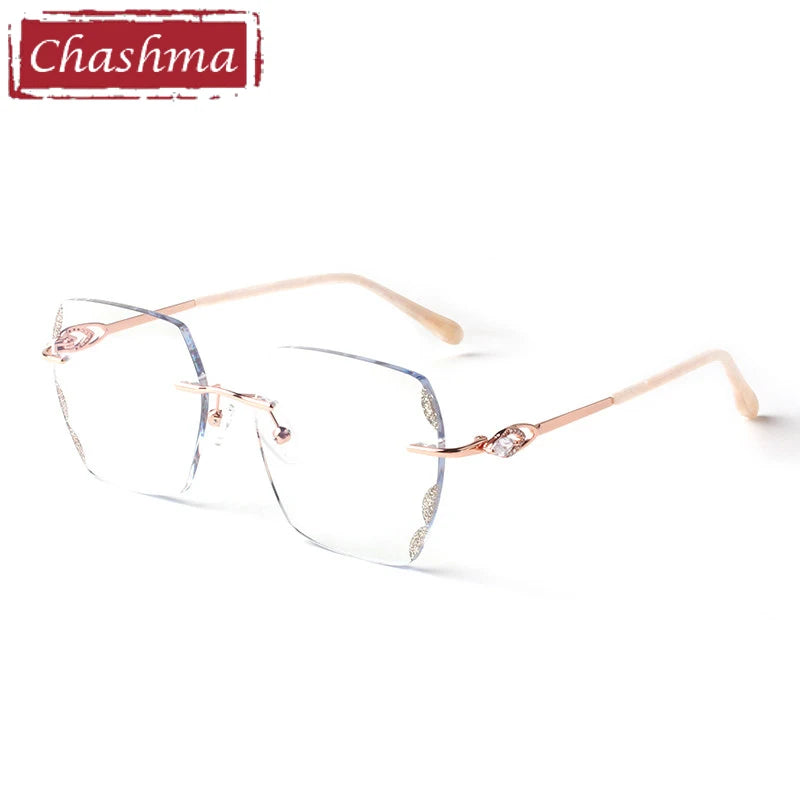 Chashma Square Female Eye Glasses Titanium Gray Red Lens Diamond Trimmed Rimless Spectacle Frames Women Sunglasses Tint Lenses