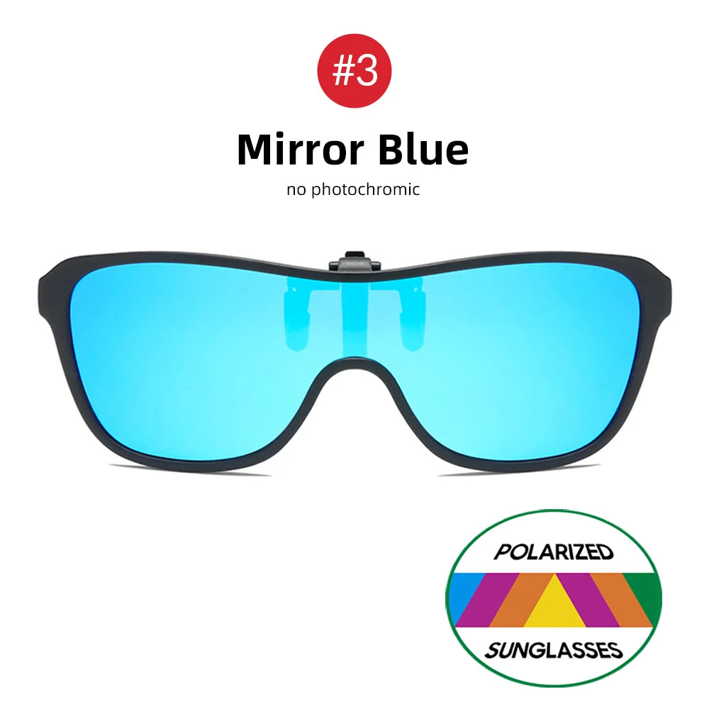 2024 Trending Clip On Sunglasses Large Frame Men Polarized Flip Up Sun Glasses Driving Adapt  Mirror Blue Red Polarising Lens