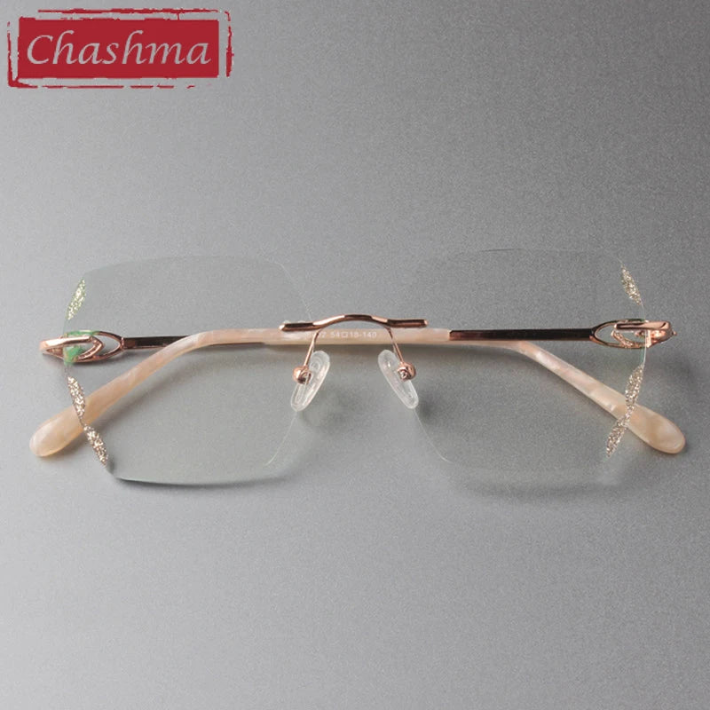 Chashma Square Female Eye Glasses Titanium Gray Red Lens Diamond Trimmed Rimless Spectacle Frames Women Sunglasses Tint Lenses