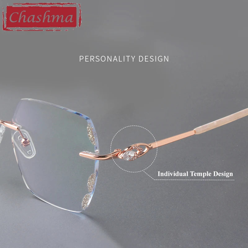 Chashma Square Female Eye Glasses Titanium Gray Red Lens Diamond Trimmed Rimless Spectacle Frames Women Sunglasses Tint Lenses
