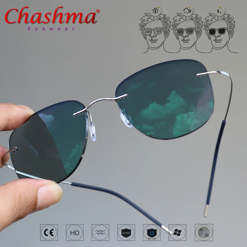 β-Titanium Transition Aviation Sunglasses Photochromic Reading Glasses Rimless Eyeglasses Men with Diopters