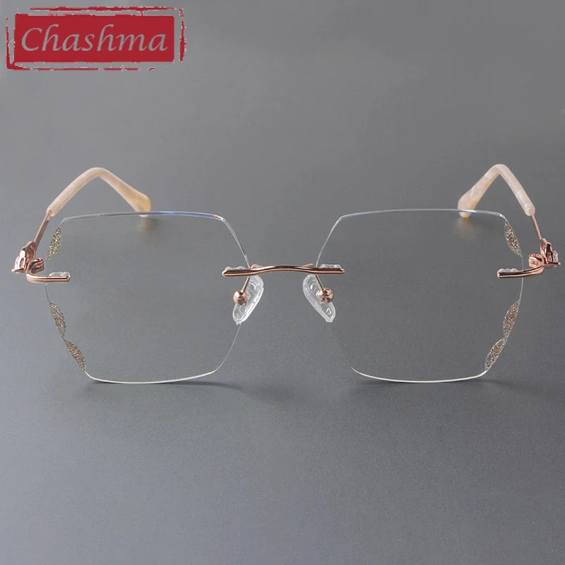 Chashma Square Female Eye Glasses Titanium Gray Red Lens Diamond Trimmed Rimless Spectacle Frames Women Sunglasses Tint Lenses