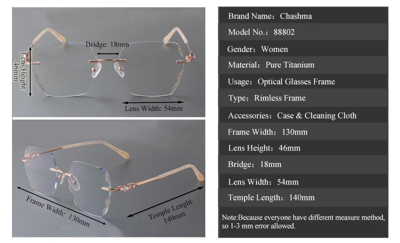 Chashma Square Female Eye Glasses Titanium Gray Red Lens Diamond Trimmed Rimless Spectacle Frames Women Sunglasses Tint Lenses
