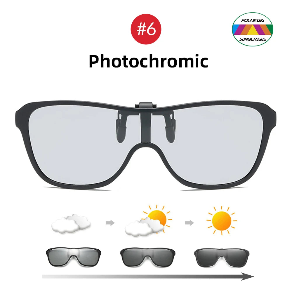 2024 Trending Clip On Sunglasses Large Frame Men Polarized Flip Up Sun Glasses Driving Adapt  Mirror Blue Red Polarising Lens