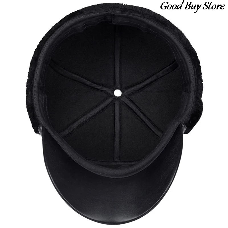 Leather Fur Snapback Caps with Earmuffs Ear Protection Bomber Hats Men Winter Baseball Hat Warm Visors Casquette Fishing Skiing