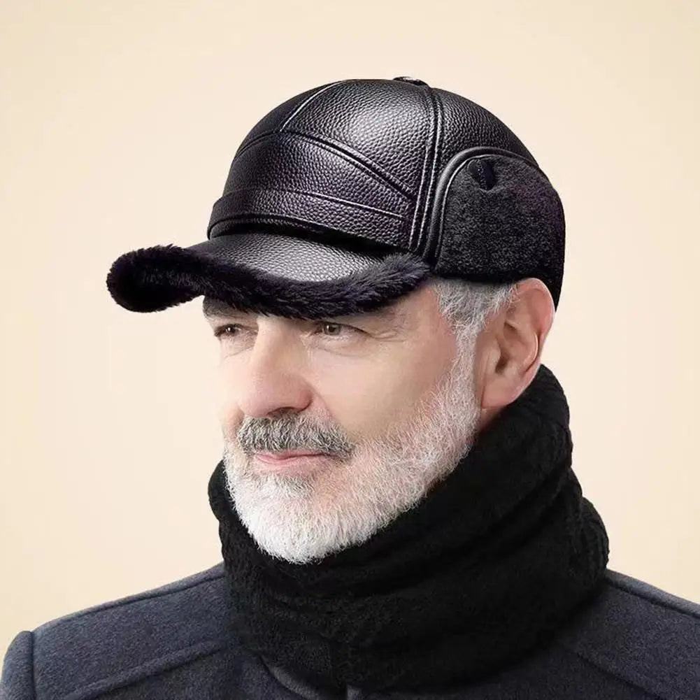 Winter outdoor Men's Leather The Bomber Hat Thicken Leather Cowhide Baseball Caps keep warm With Ears Warm Dad's Hats