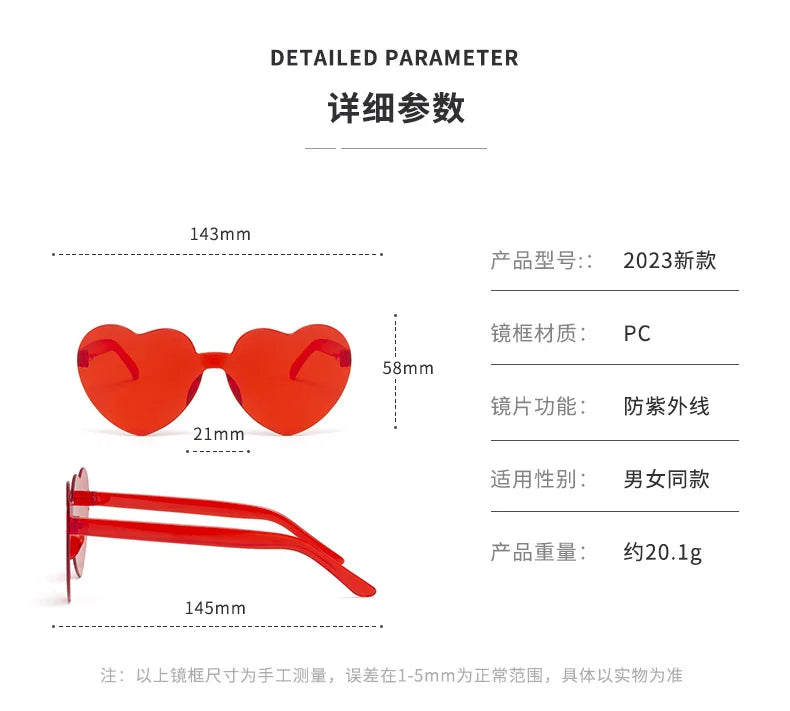 Thick piece peach heart sunglasses frameless heart shaped party glasses