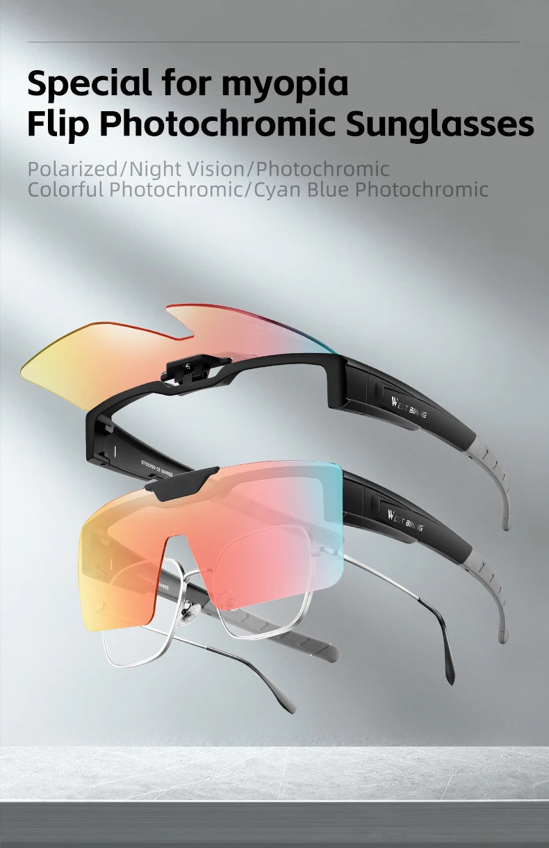 WEST BIKING Photochromic Cycling Sunglasses Flip Up Lens Polarized Glasses Fit Over Sunshade MTB Road Bike Night Driving Eyewear