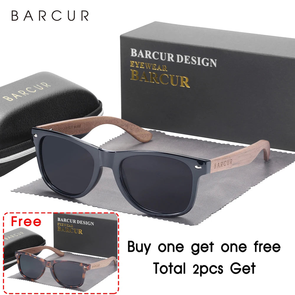BARCUR Natural Wooden Sunglasses Polarized Mens Sun Glasses Black Walnut Eyewear UV400 Protection