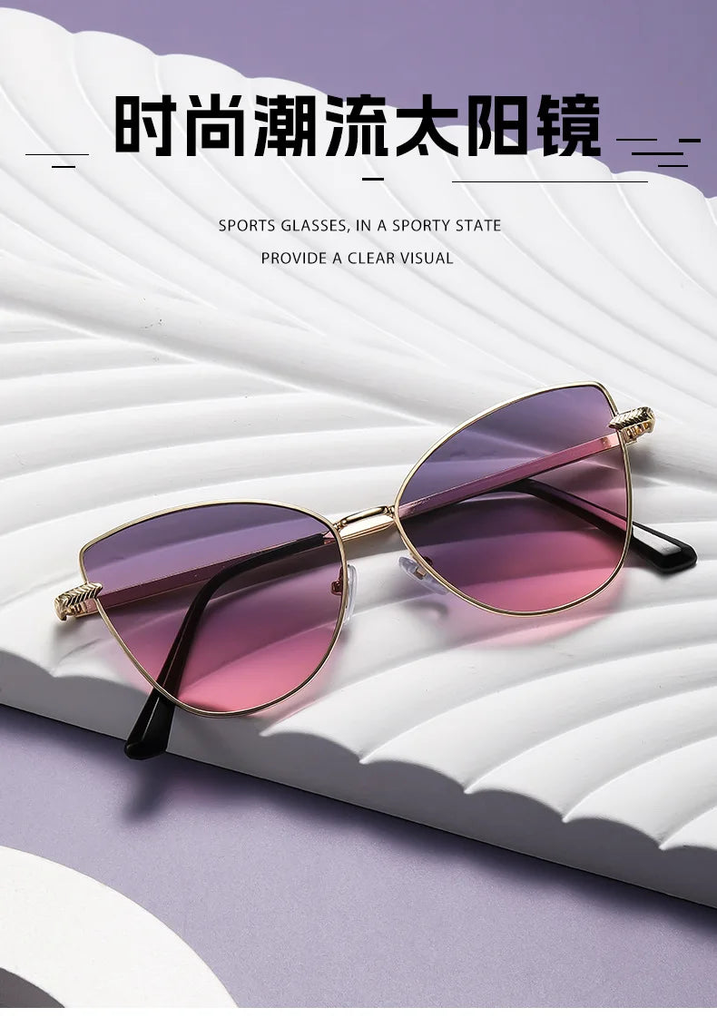 New Retro Metal Small Frame Cat-eye Sunglasses Womean Style European And American Fashion Street Photo Decorative Sungla Uv400
