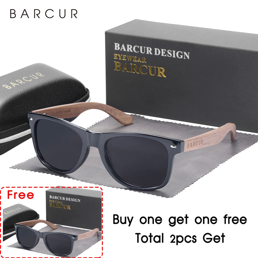 BARCUR Natural Wooden Sunglasses Polarized Mens Sun Glasses Black Walnut Eyewear UV400 Protection