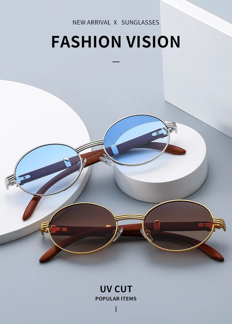 New Retro Imitation Wood Grain Sunglasses Men's Oval Sunglasses Women's Fashion Trend Uv Protection Sunglasses