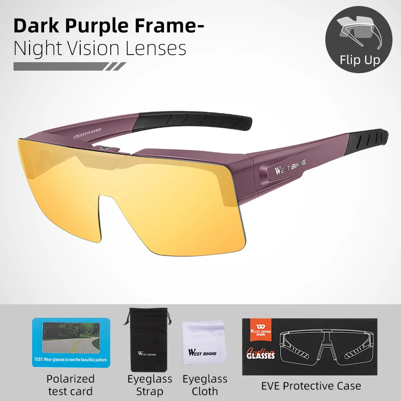 WEST BIKING Photochromic Cycling Sunglasses Flip Up Lens Polarized Glasses Fit Over Sunshade MTB Road Bike Night Driving Eyewear