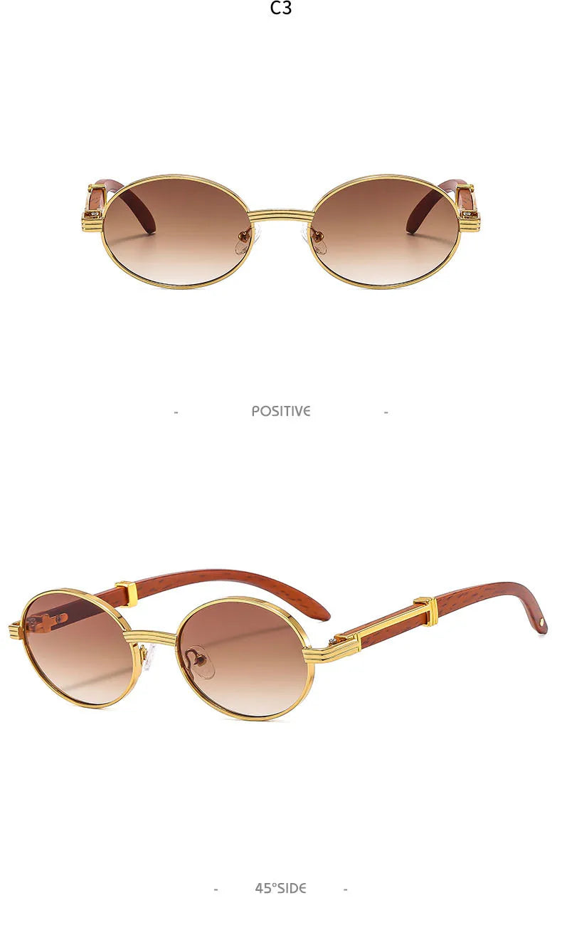 New Retro Imitation Wood Grain Sunglasses Men's Oval Sunglasses Women's Fashion Trend Uv Protection Sunglasses