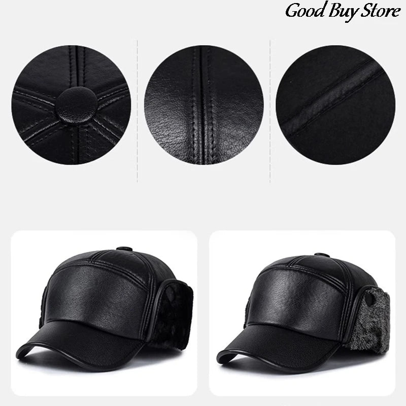 Leather Fur Snapback Caps with Earmuffs Ear Protection Bomber Hats Men Winter Baseball Hat Warm Visors Casquette Fishing Skiing