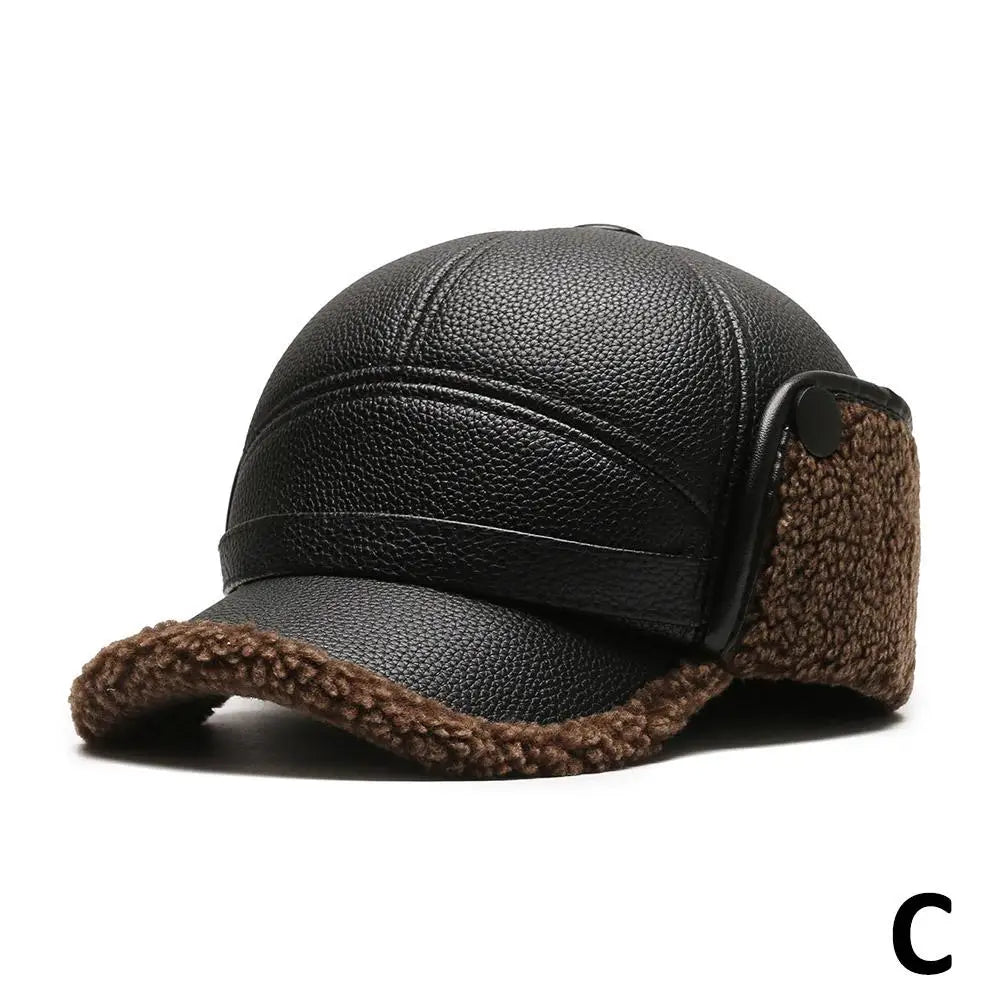 Winter outdoor Men's Leather The Bomber Hat Thicken Leather Cowhide Baseball Caps keep warm With Ears Warm Dad's Hats