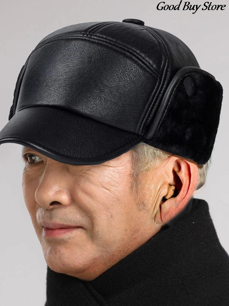 Leather Fur Snapback Caps with Earmuffs Ear Protection Bomber Hats Men Winter Baseball Hat Warm Visors Casquette Fishing Skiing