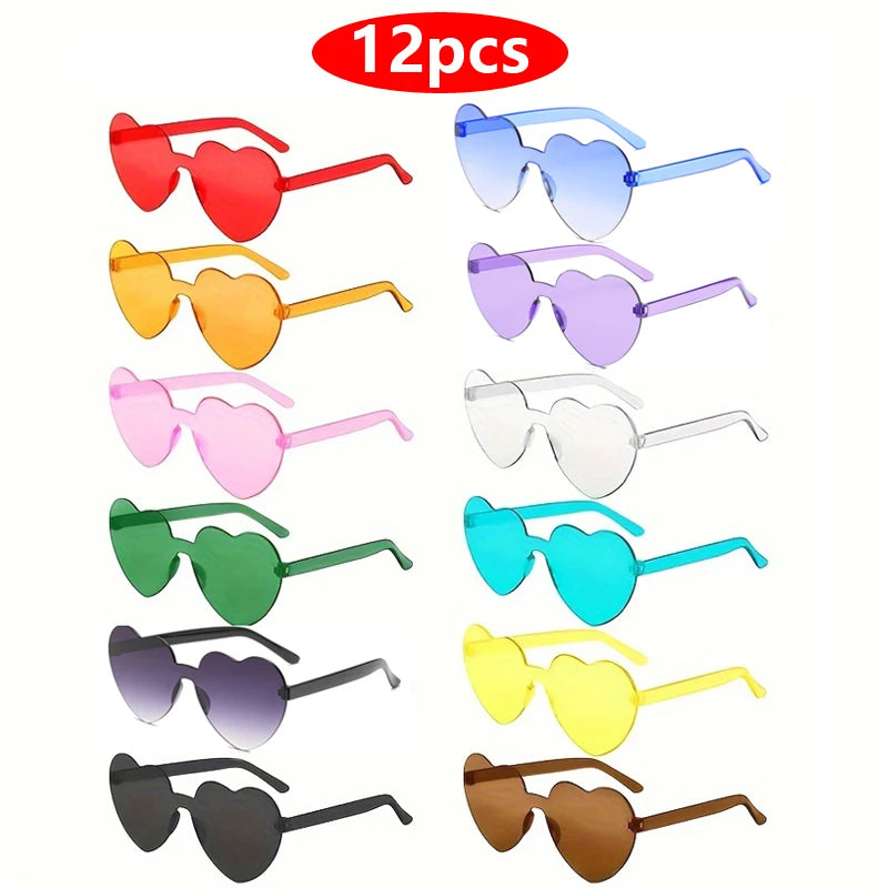 12pcs Heart Shaped Sunglasses Women Plastic Love Cat Eye Rimless Frame Colorfu Lens Sun Glasses Female Travel Eyeglasses