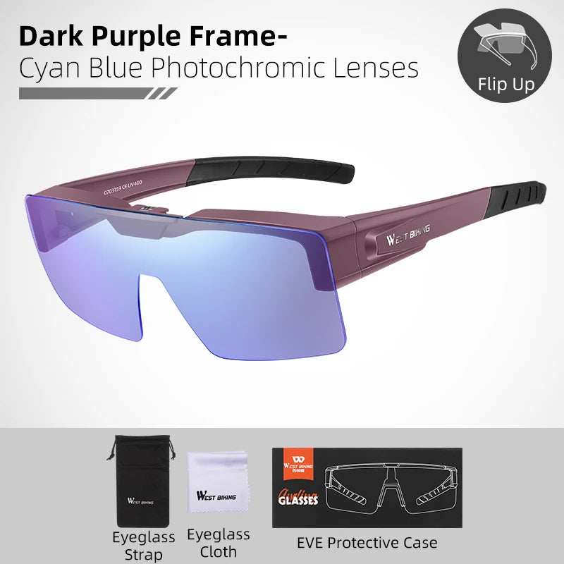 WEST BIKING Photochromic Cycling Sunglasses Flip Up Lens Polarized Glasses Fit Over Sunshade MTB Road Bike Night Driving Eyewear