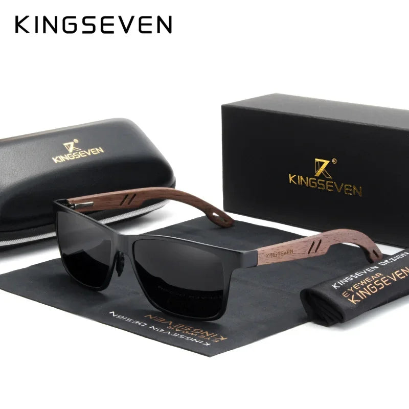 KINGSEVEN Aluminum Handmade Walnut Wooden Sunglasses Men High Quality Polarized Sun Glasses For Women Anti-Glare Mirror Lens