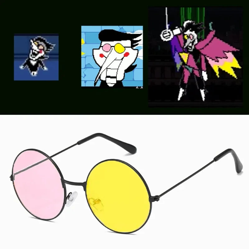 Men Spamton Cosplay Glasses Boss Spamton Cosplay  Mixed Color Sunglasses Cos Prop Round Frame Sunglasses Halloween Prop