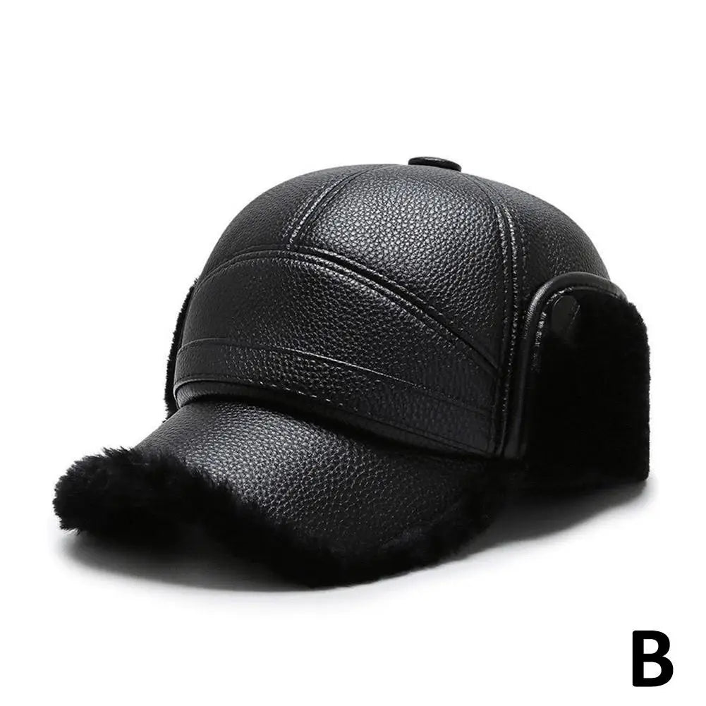 Winter outdoor Men's Leather The Bomber Hat Thicken Leather Cowhide Baseball Caps keep warm With Ears Warm Dad's Hats