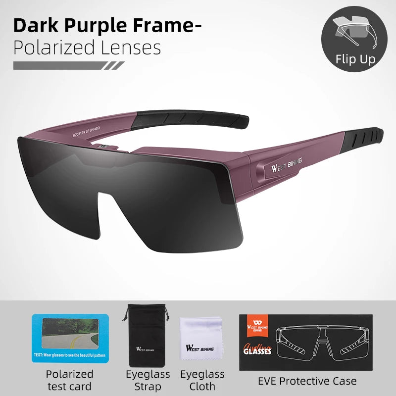 WEST BIKING Photochromic Cycling Sunglasses Flip Up Lens Polarized Glasses Fit Over Sunshade MTB Road Bike Night Driving Eyewear