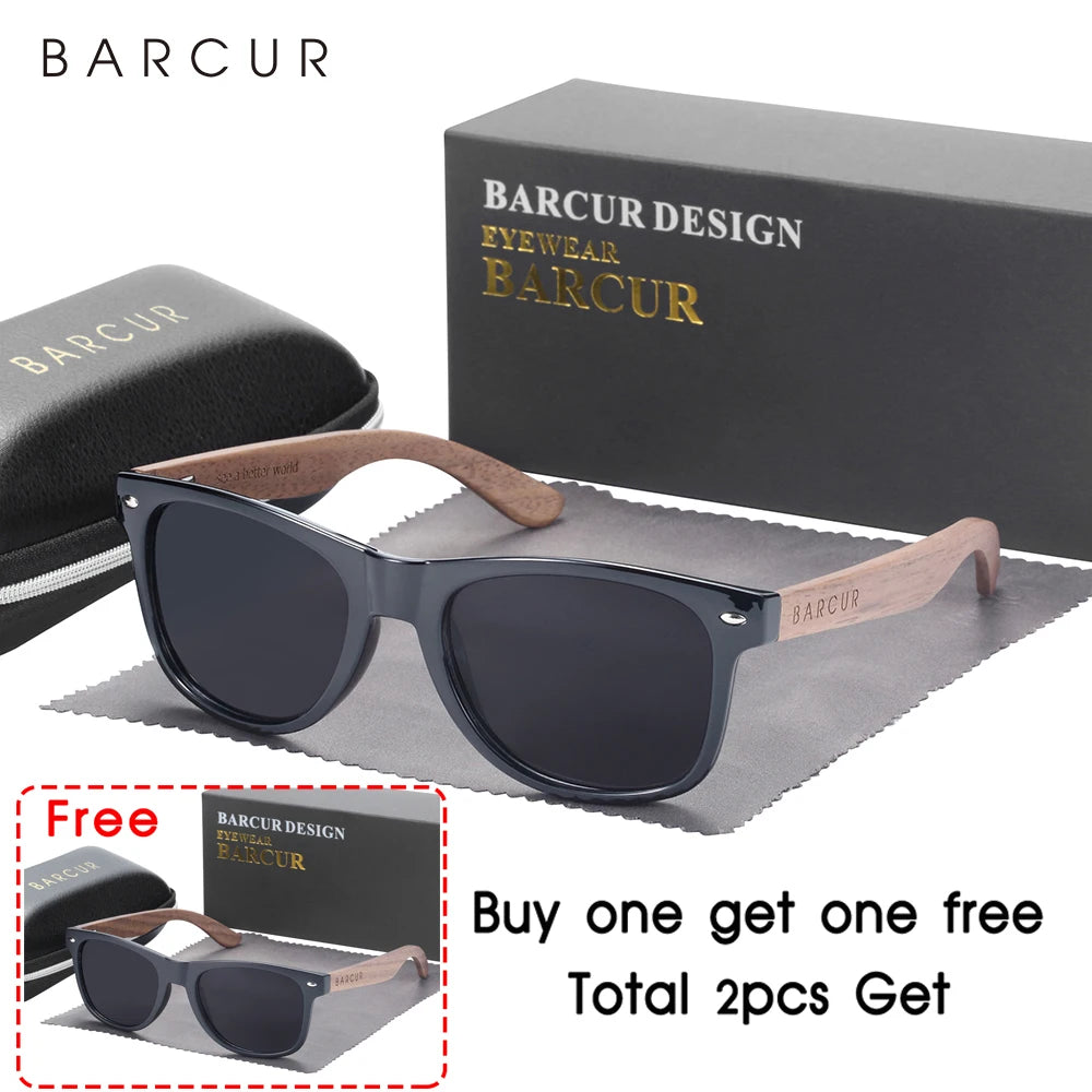 BARCUR Natural Wooden Sunglasses Polarized Mens Sun Glasses Black Walnut Eyewear UV400 Protection