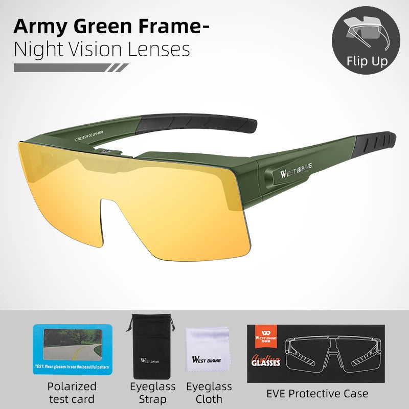 WEST BIKING Photochromic Cycling Sunglasses Flip Up Lens Polarized Glasses Fit Over Sunshade MTB Road Bike Night Driving Eyewear