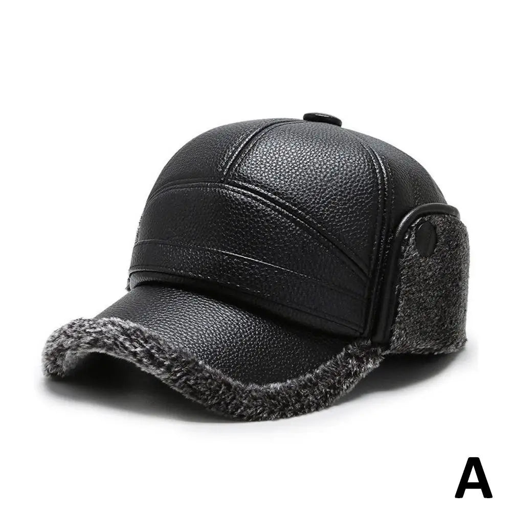 Winter outdoor Men's Leather The Bomber Hat Thicken Leather Cowhide Baseball Caps keep warm With Ears Warm Dad's Hats