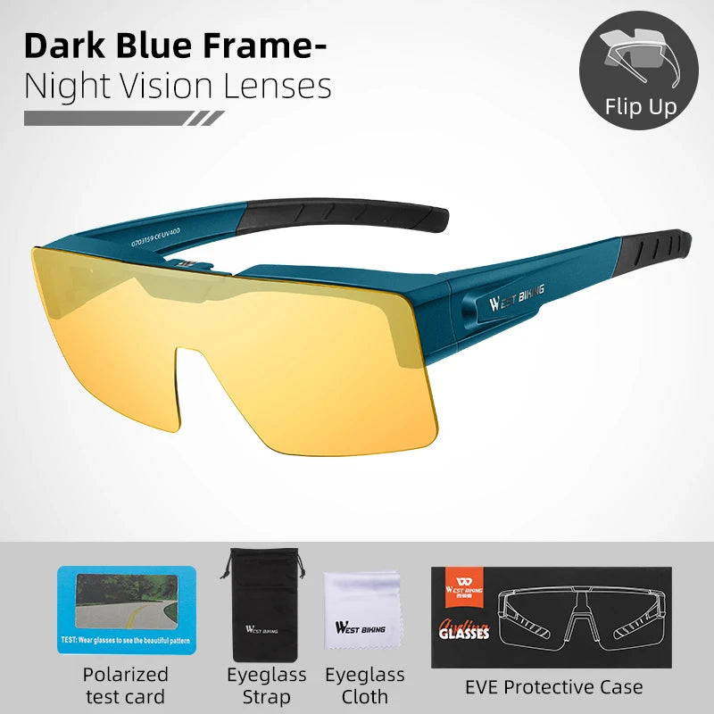WEST BIKING Photochromic Cycling Sunglasses Flip Up Lens Polarized Glasses Fit Over Sunshade MTB Road Bike Night Driving Eyewear