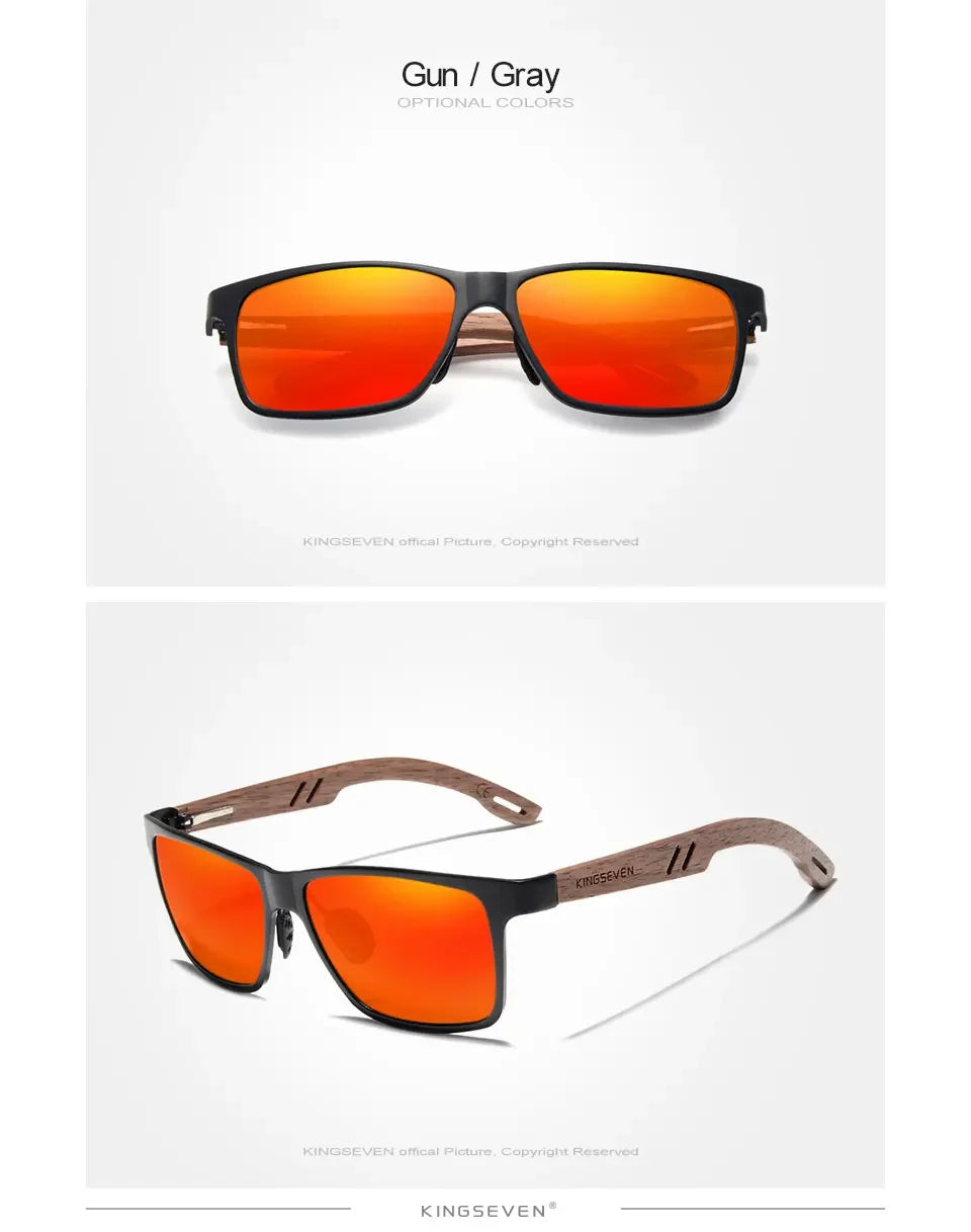 KINGSEVEN Aluminum Handmade Walnut Wooden Sunglasses Men High Quality Polarized Sun Glasses For Women Anti-Glare Mirror Lens