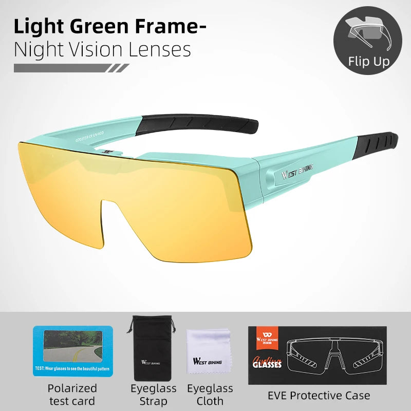 WEST BIKING Photochromic Cycling Sunglasses Flip Up Lens Polarized Glasses Fit Over Sunshade MTB Road Bike Night Driving Eyewear