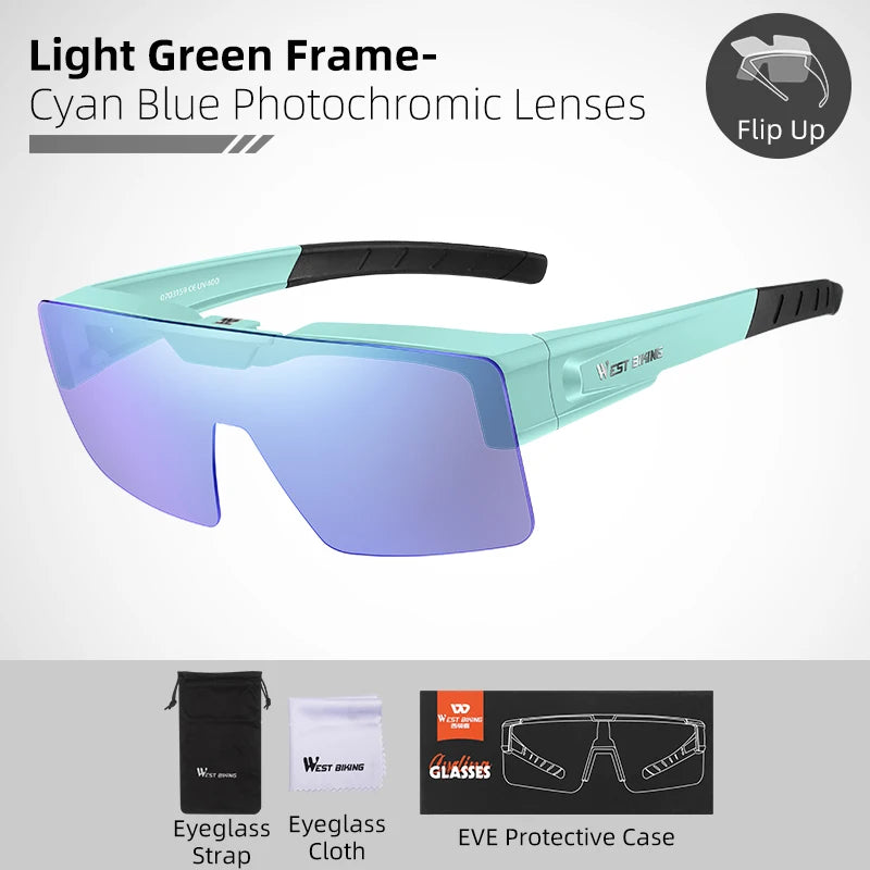 WEST BIKING Photochromic Cycling Sunglasses Flip Up Lens Polarized Glasses Fit Over Sunshade MTB Road Bike Night Driving Eyewear