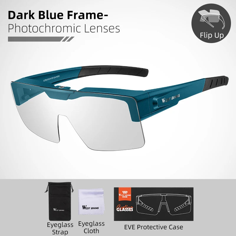 WEST BIKING Photochromic Cycling Sunglasses Flip Up Lens Polarized Glasses Fit Over Sunshade MTB Road Bike Night Driving Eyewear