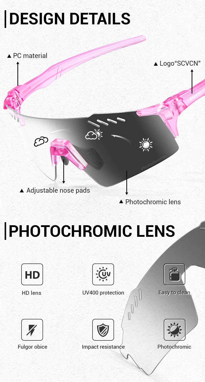 SCVCN Photochromic Sports Sunglasses for Men Cycling Glasses Mountain MTB Bike Road UV400 Bicycle Eyewear Sun Fashion Equipment