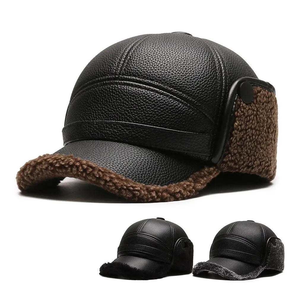 Winter outdoor Men's Leather The Bomber Hat Thicken Leather Cowhide Baseball Caps keep warm With Ears Warm Dad's Hats