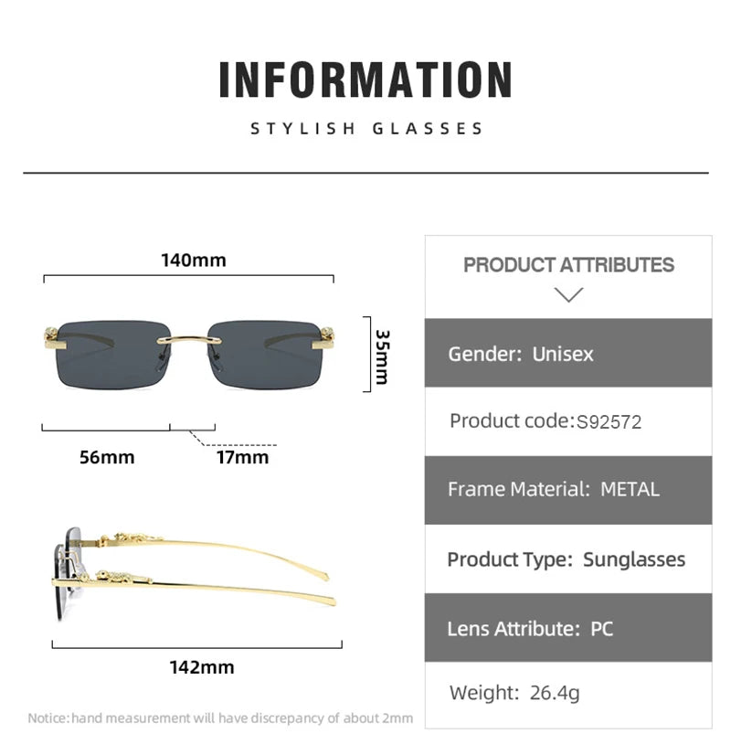 Classic Rimless Sunglasses Men Women Fashion Leopard Decoration Small Sun Glasses Stylish Frameless Driving Travelling Shades