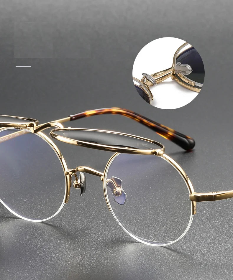 Japaneses Fashion Vintage Round Half Rimless Glasses Frame Men Women KMN54 Ultralight Sunglasses Clip Eyeglasses UV400 Titanium