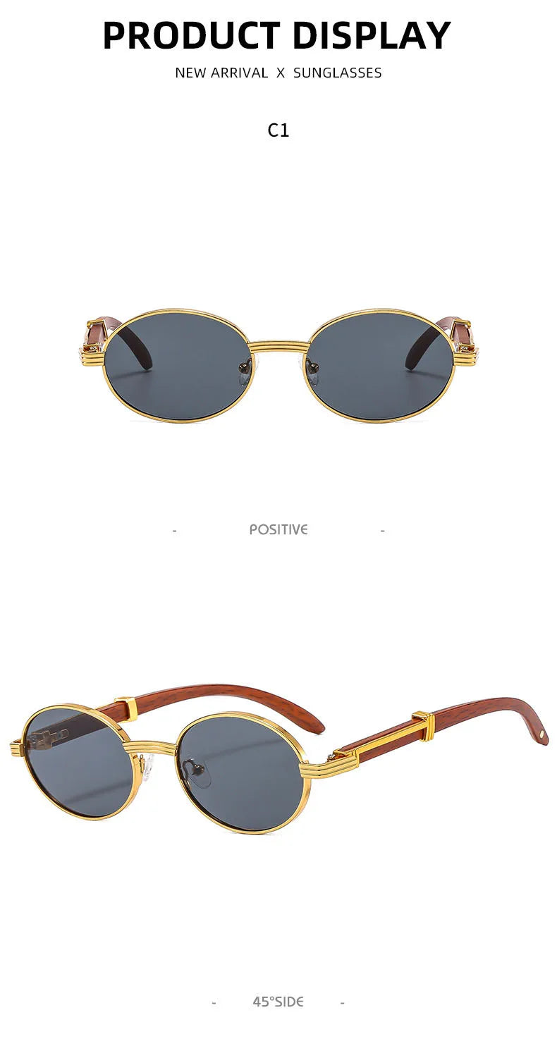 New Retro Imitation Wood Grain Sunglasses Men's Oval Sunglasses Women's Fashion Trend Uv Protection Sunglasses