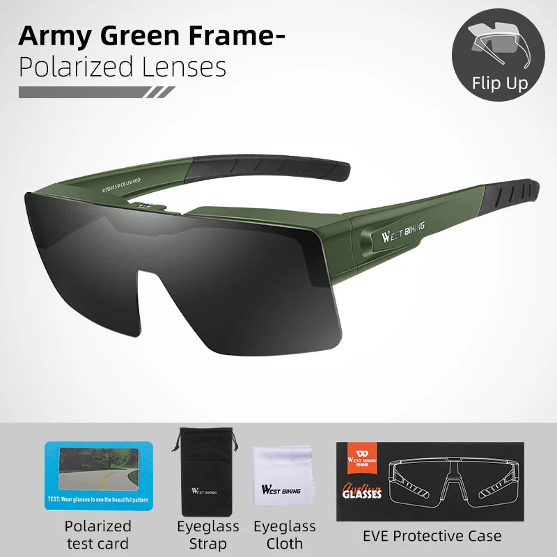 WEST BIKING Photochromic Cycling Sunglasses Flip Up Lens Polarized Glasses Fit Over Sunshade MTB Road Bike Night Driving Eyewear