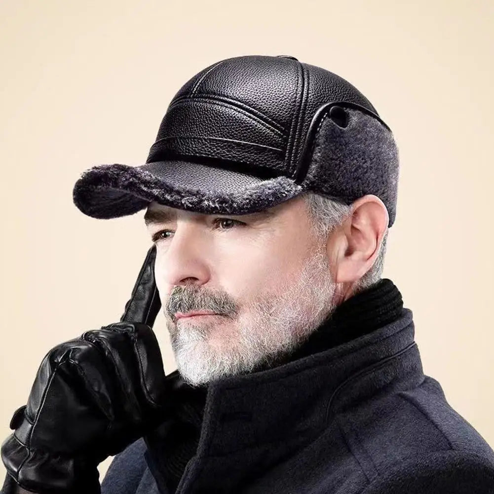 Winter outdoor Men's Leather The Bomber Hat Thicken Leather Cowhide Baseball Caps keep warm With Ears Warm Dad's Hats